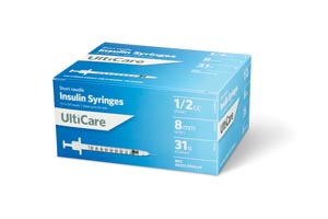 Syringe 1/2cc Insulin with Needle UltiCare™ 0.5 mL 31 Gauge 5/16 Inch Attached Needle Without Safety (100/BX 5BX/CS) by UltiMed, Inc.  ID 9459